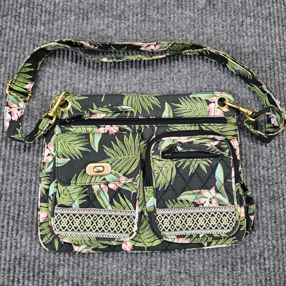 Maggi B Crossbody Bag Women Small Black Tropical Floral Quilted Multi-Pocket Bag